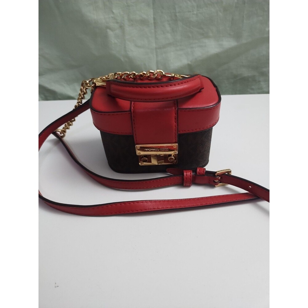Michael Kors Rose MINI Trunk Crossbody Shoulder Bag MK Brown Fire Red Purse - Picture 5 of 12